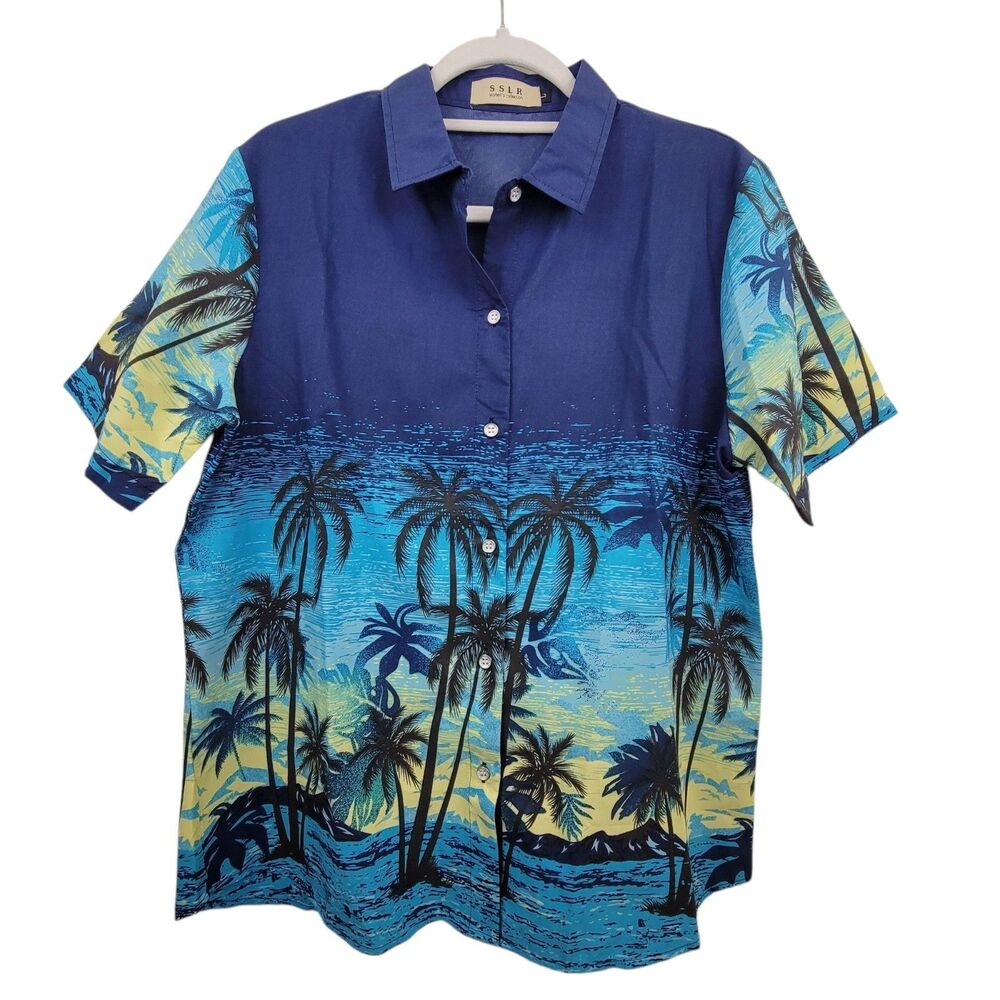 SSLR Women's Collection Blue Hawaiian Button Up Shirt Size Large